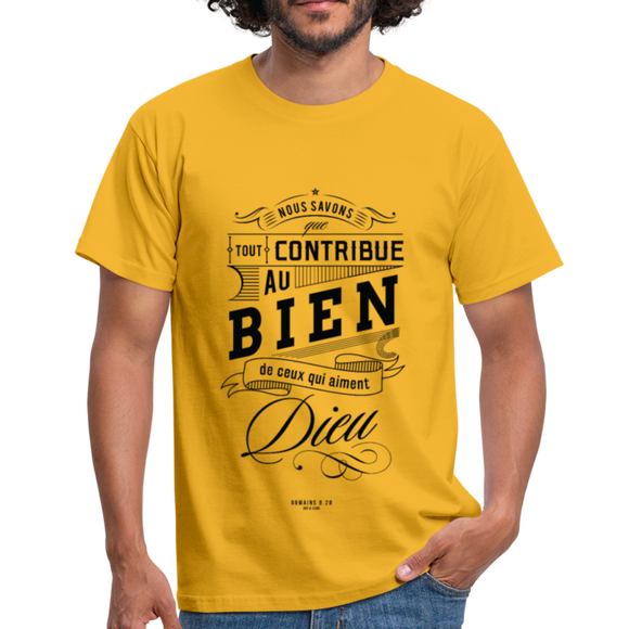 T-shirt chrétien Homme :  Romains 8.28 - jaune