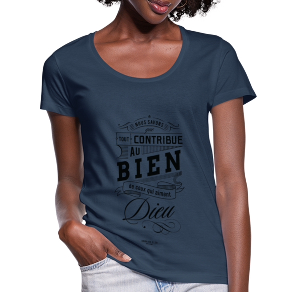 T-shirt chrétien Femme : Romains 8.28 - bleu marine