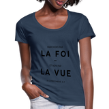 T-shirt chrétien Femme : 2 Corinthiens 5:7 - bleu marine